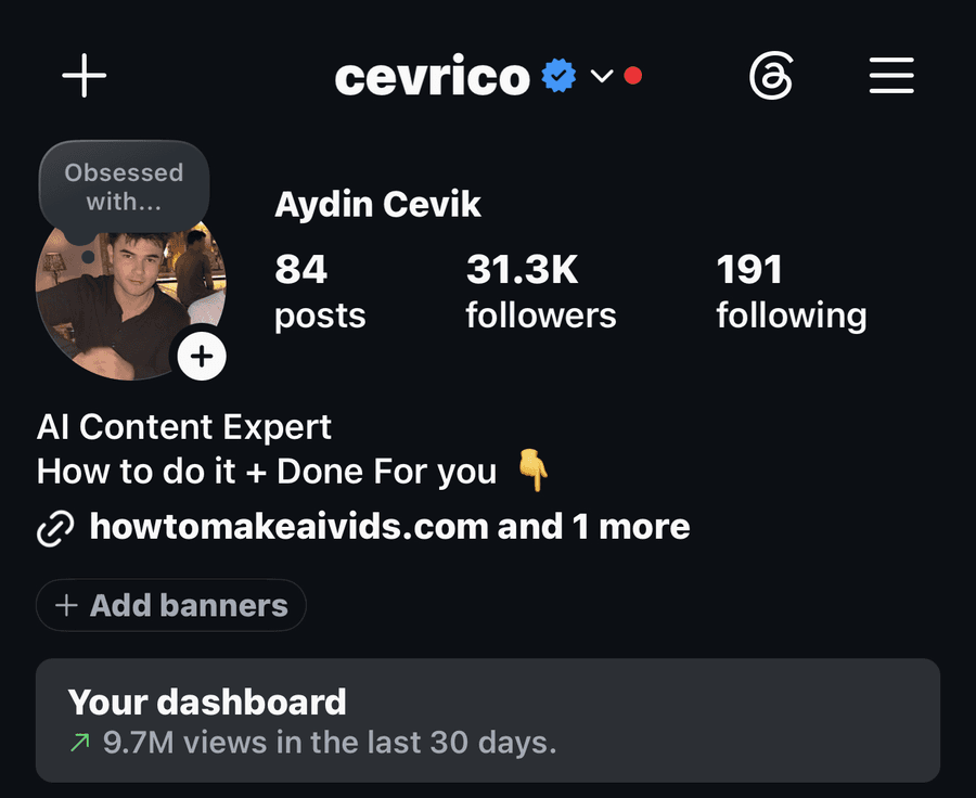 Aydin Cevik's Instagram profile, @cevrico, verified, 31.3K followers, with the dashboard reading 9.7M views in the last 30 days.