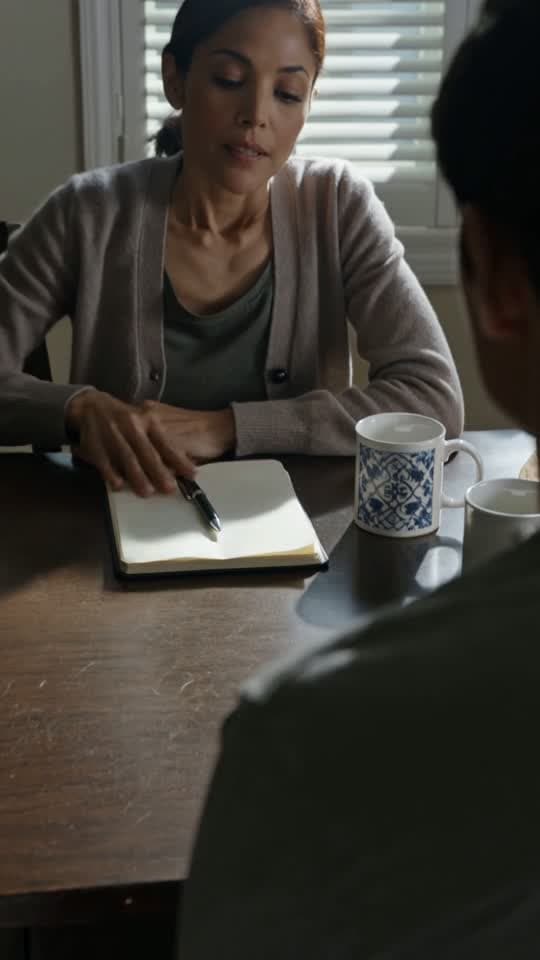 A woman at a kitchen table talking across a notebook and a mug to someone off frame, from a ReelDouble clip