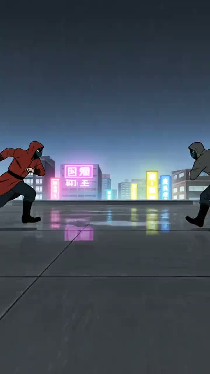 A rendered 3D-animated duel scene used as a reference frame for a Kling-and-Veo hybrid shot