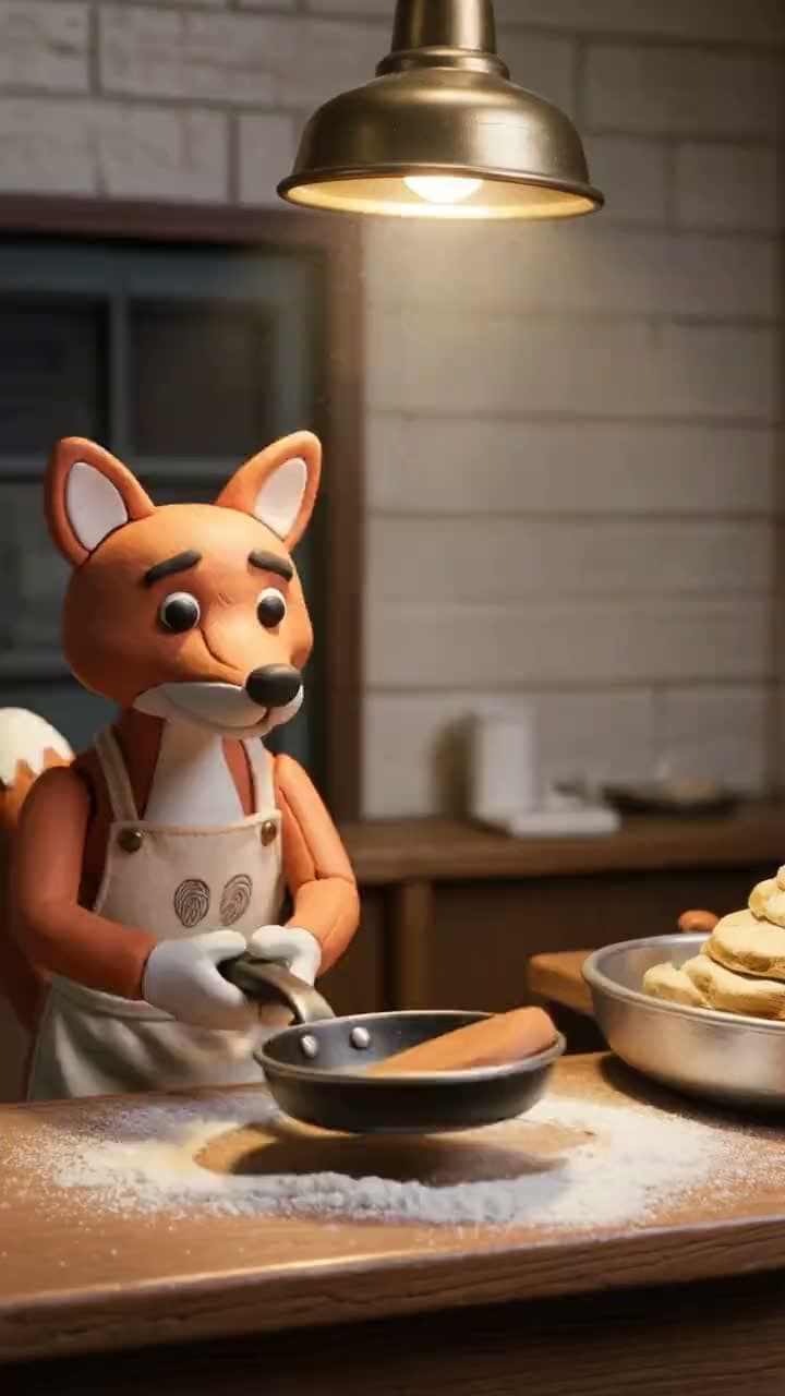 A rendered 3D-animated bakery scene used as a reference frame for a script-to-video storyboard beat