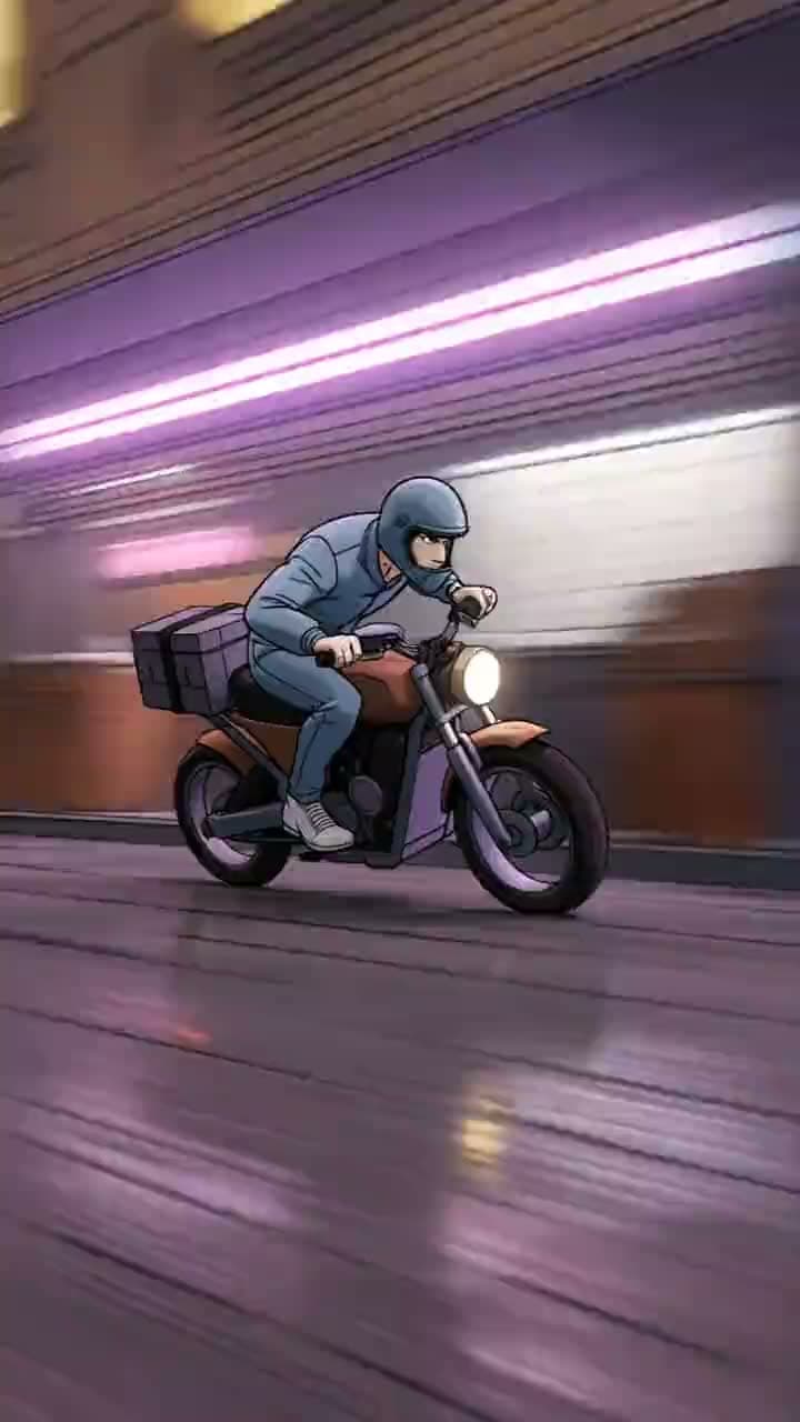 An anime courier on a motorbike streaking past neon light bars, a vertical frame from a ReelDouble render